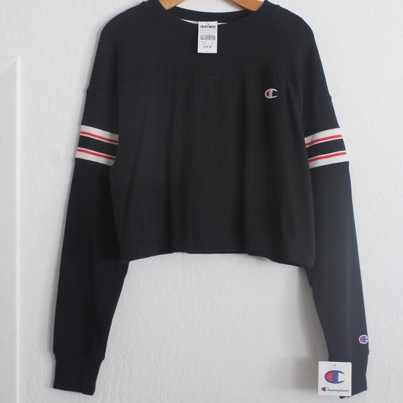 CHAMPION STRIPE BLACK CROP LONG SLEEVE T-SHIRT - Picture 2 of 8